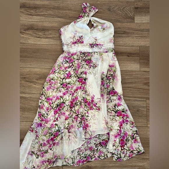 Bebe 100% Silk Purple Floral Criss Cross Halter Dress Size Medium - Picture 4 of 7